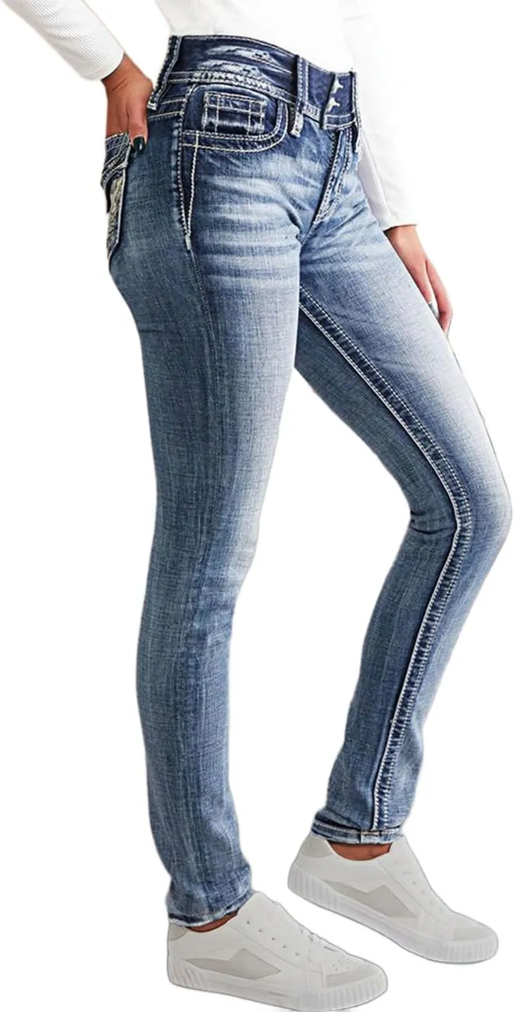 Flamingals Women's Mid Waisted Boot Cut Jeans Straight Leg Butt Lifting Stretch Embroidered Double Button Jeans