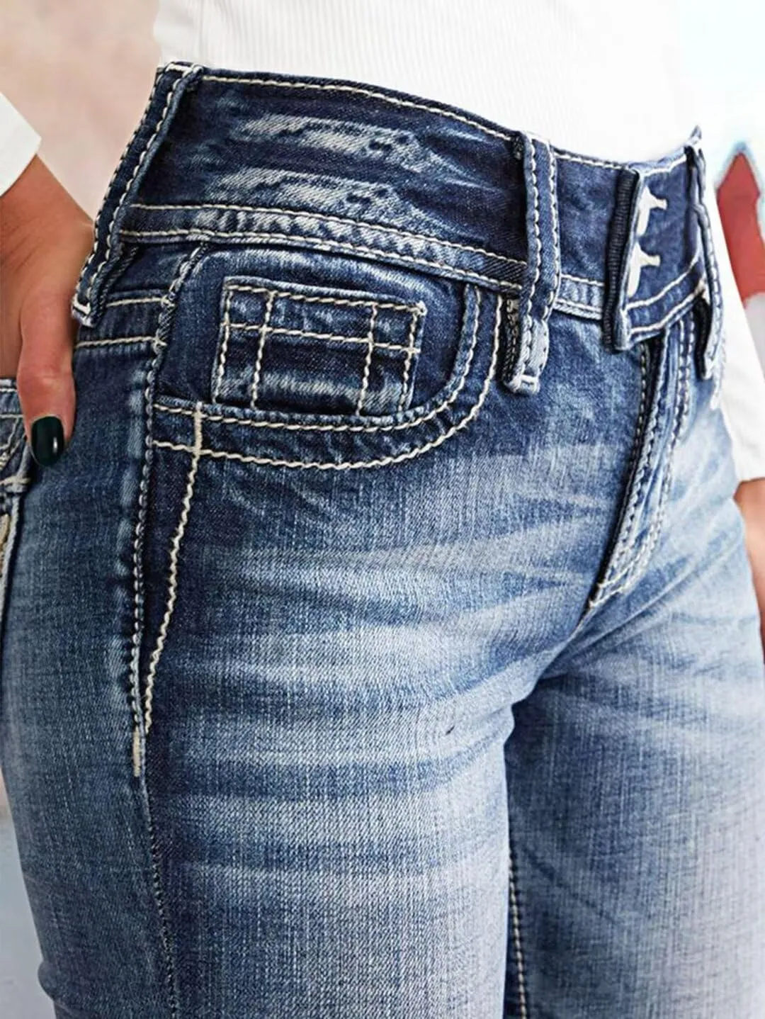 Flamingals Women's Mid Waisted Boot Cut Jeans Straight Leg Butt Lifting Stretch Embroidered Double Button Jeans