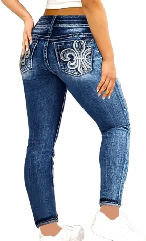 Flamingals Women's Mid Waisted Boot Cut Jeans Straight Leg Butt Lifting Stretch Embroidered Double Button Jeans