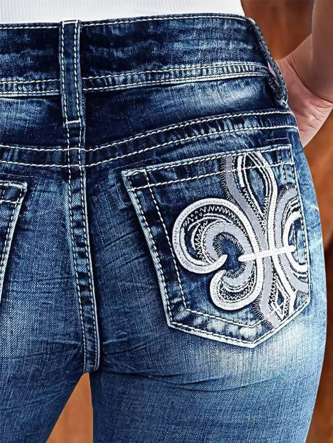 Flamingals Women's Mid Waisted Boot Cut Jeans Straight Leg Butt Lifting Stretch Embroidered Double Button Jeans