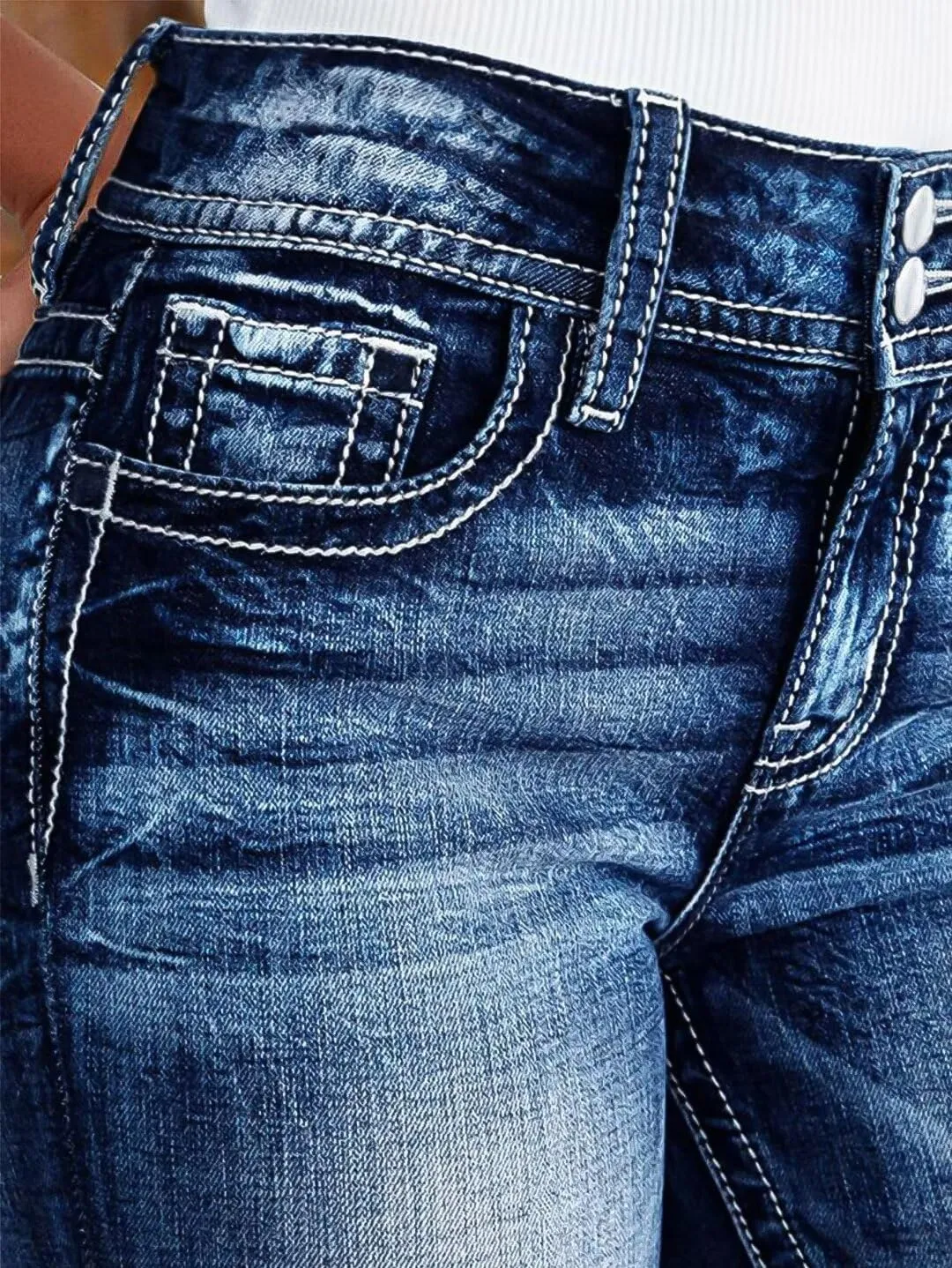 Flamingals Women's Mid Waisted Boot Cut Jeans Straight Leg Butt Lifting Stretch Embroidered Double Button Jeans