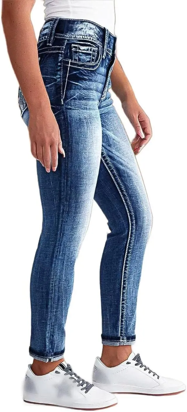 Flamingals Women's Mid Waisted Boot Cut Jeans Straight Leg Butt Lifting Stretch Embroidered Double Button Jeans