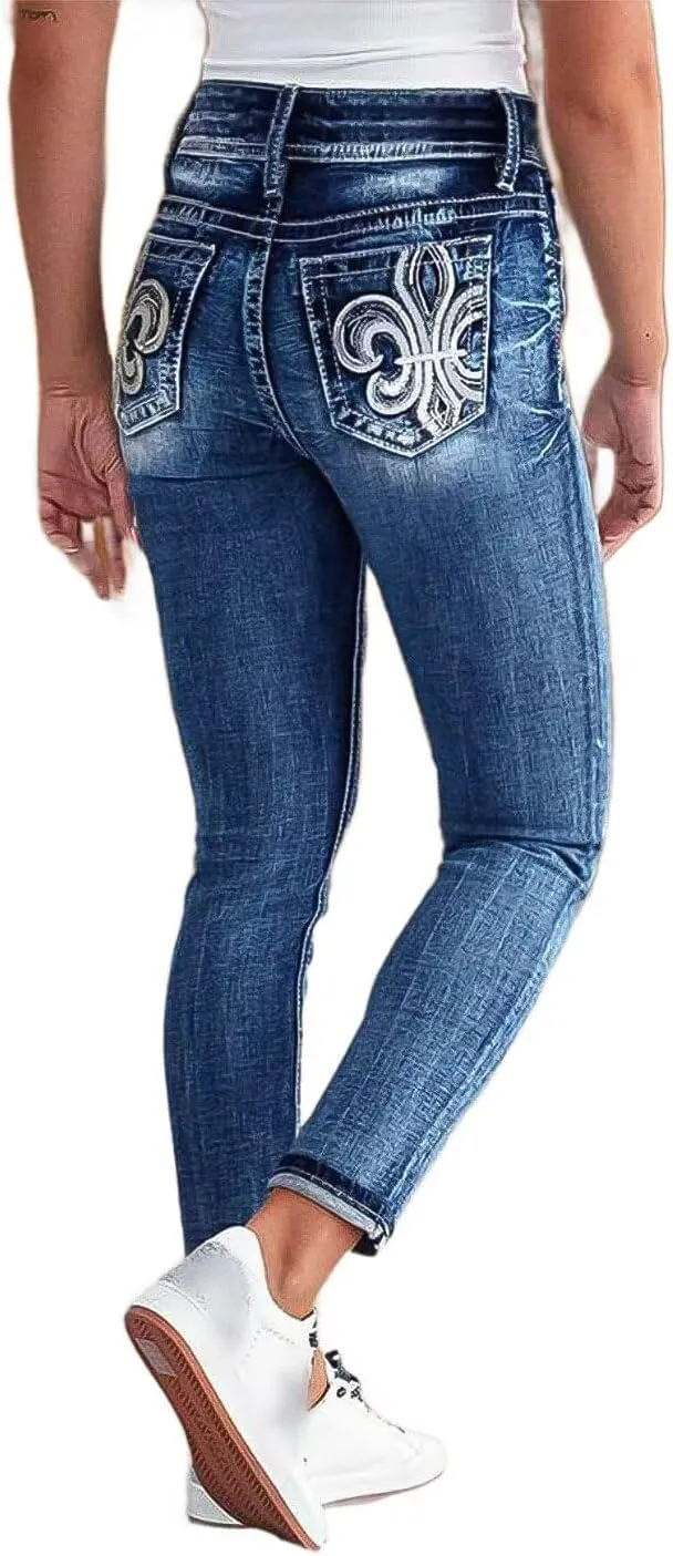 Flamingals Women's Mid Waisted Boot Cut Jeans Straight Leg Butt Lifting Stretch Embroidered Double Button Jeans