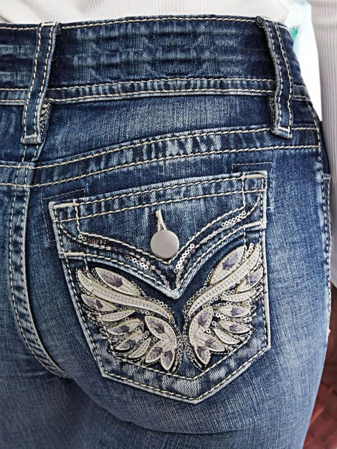 Flamingals Women's Mid Waisted Boot Cut Jeans Straight Leg Butt Lifting Stretch Embroidered Double Button Jeans