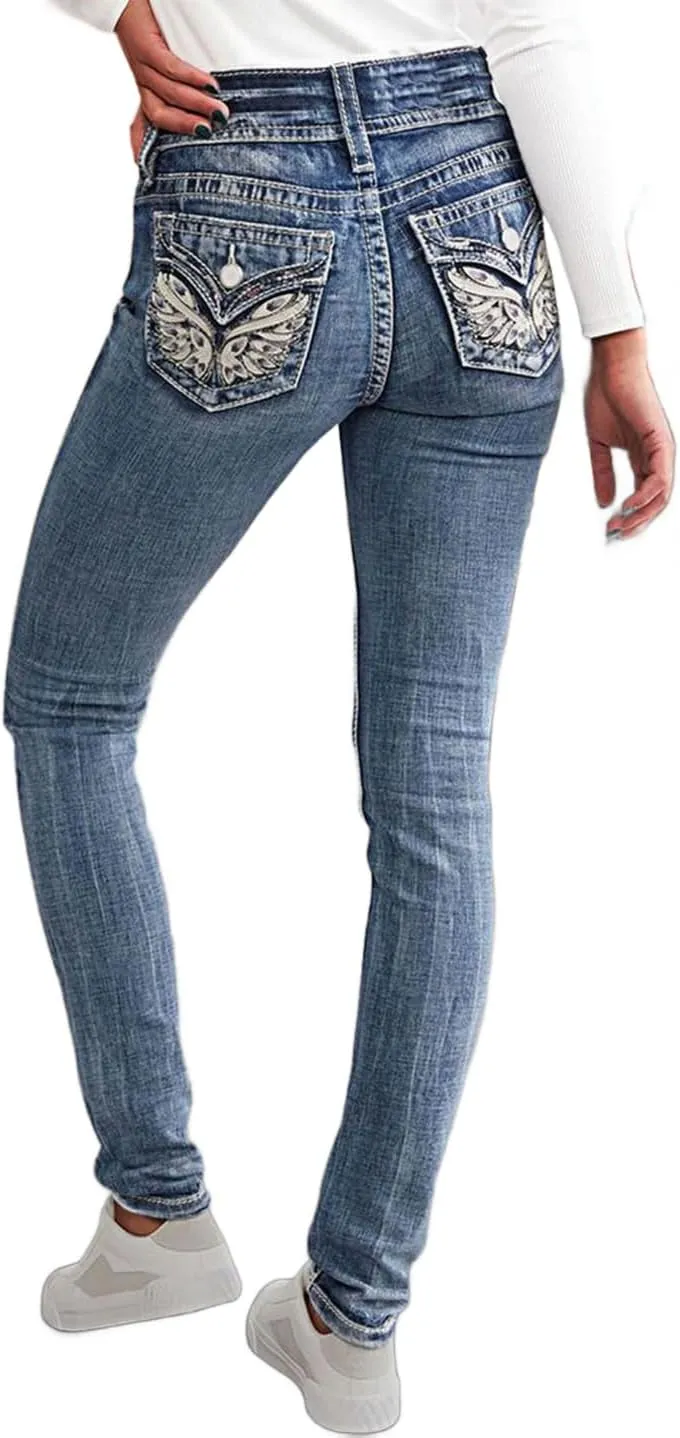 Flamingals Women's Mid Waisted Boot Cut Jeans Straight Leg Butt Lifting Stretch Embroidered Double Button Jeans