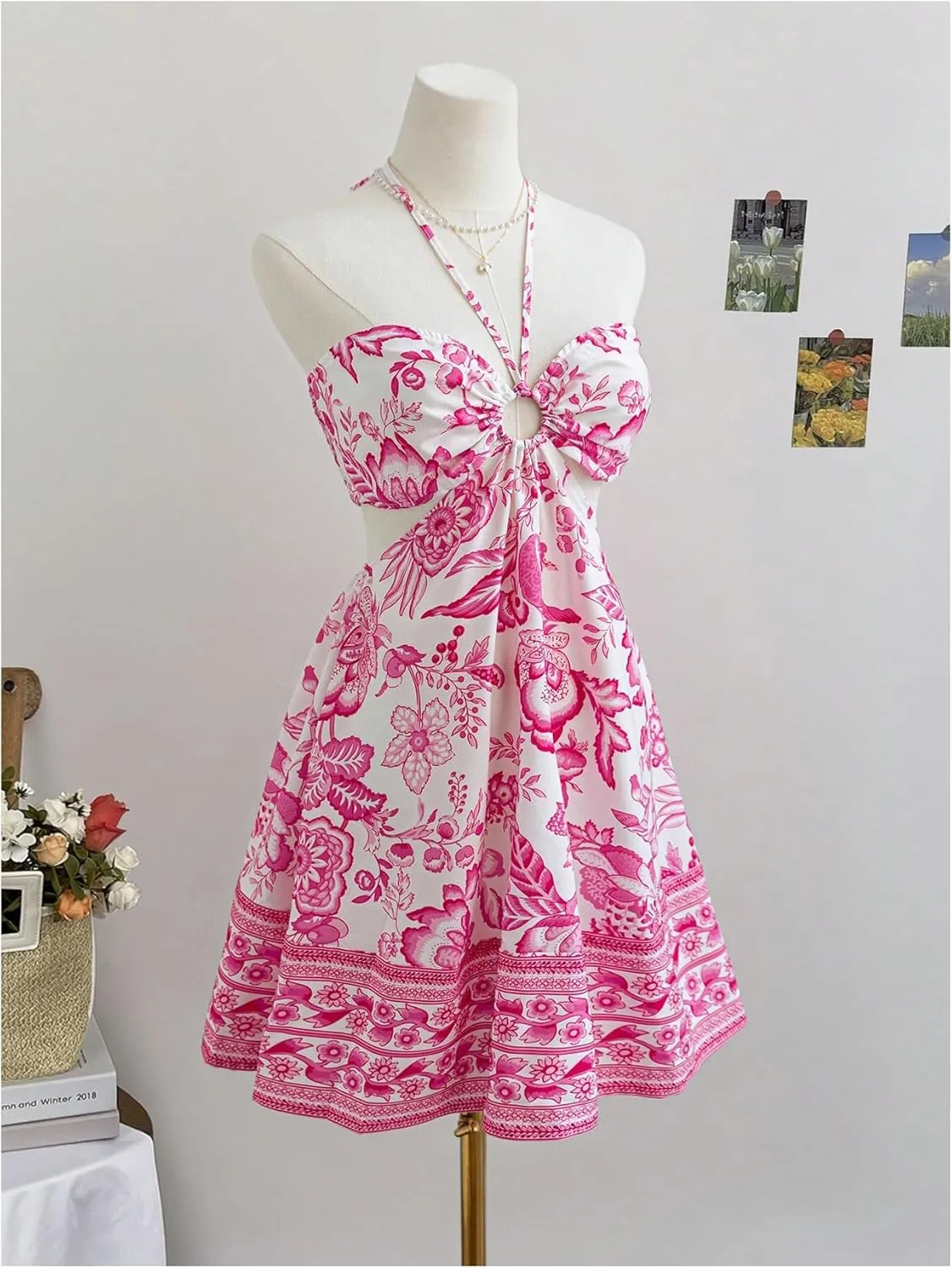Floerns Women's Floral Halter Neck Vacation Dress Sleeveless Cut Out Boho Cami Dress