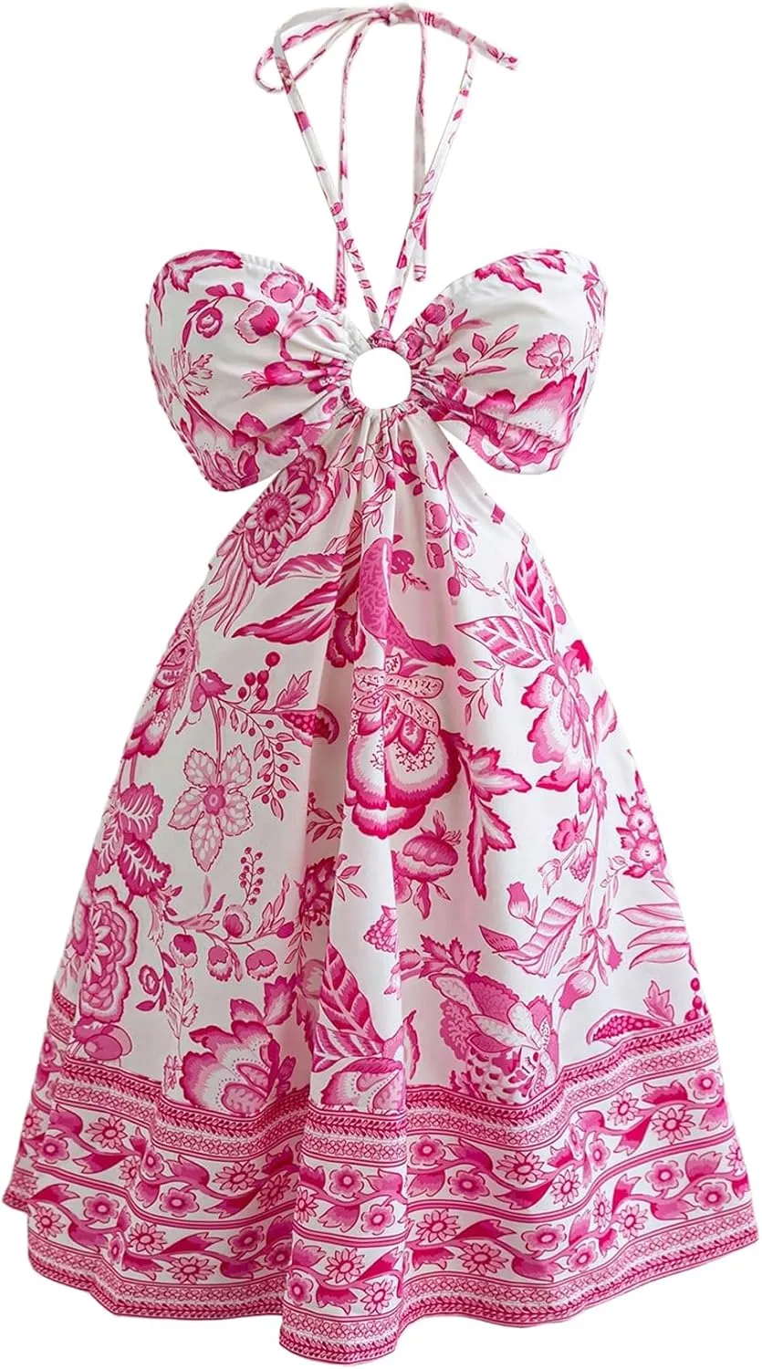 Floerns Women's Floral Halter Neck Vacation Dress Sleeveless Cut Out Boho Cami Dress