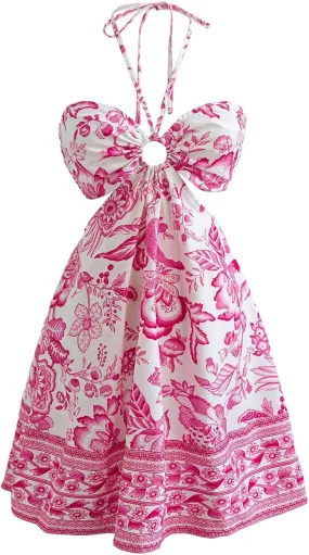 Floerns Women's Floral Halter Neck Vacation Dress Sleeveless Cut Out Boho Cami Dress