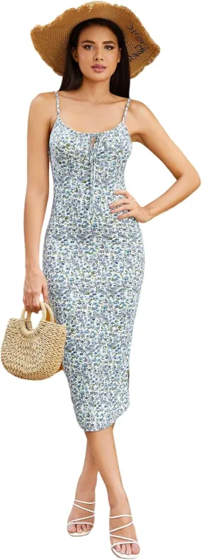 Floerns Women's Floral Print Drawstring Front Sleeveless Cami Midi Dress