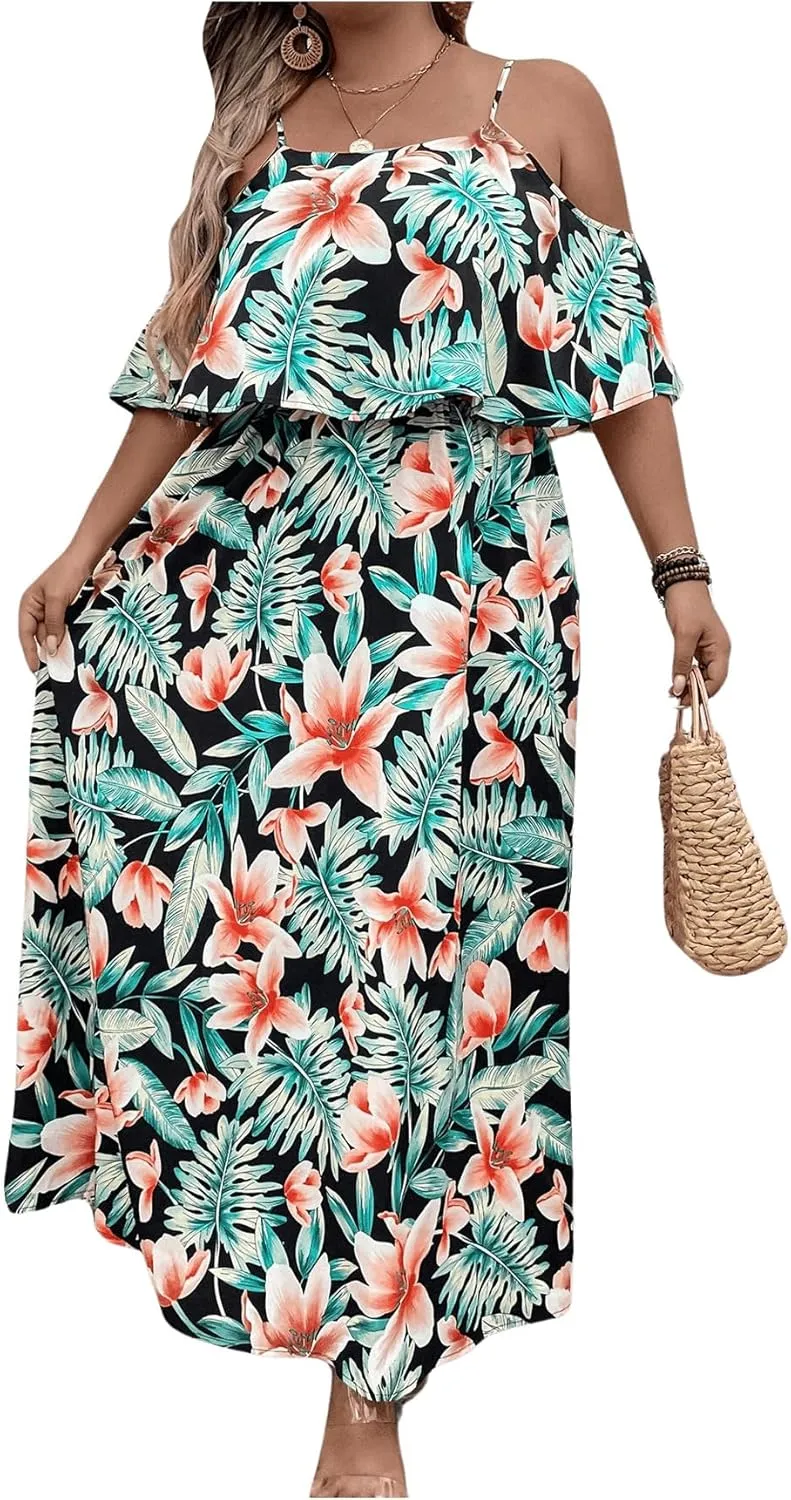 Floerns Women's Plus Size Tropical Print Cold Shoulder Boho A Line Long Dress