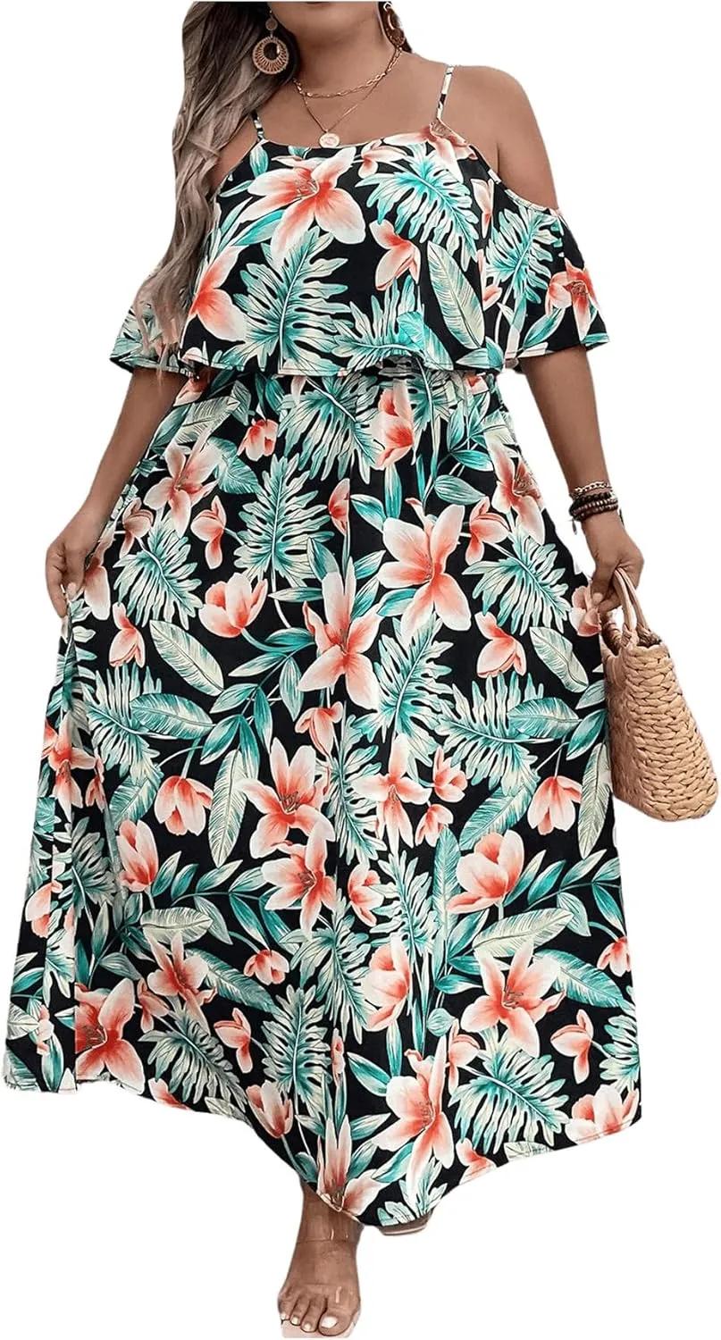 Floerns Women's Plus Size Tropical Print Cold Shoulder Boho A Line Long Dress