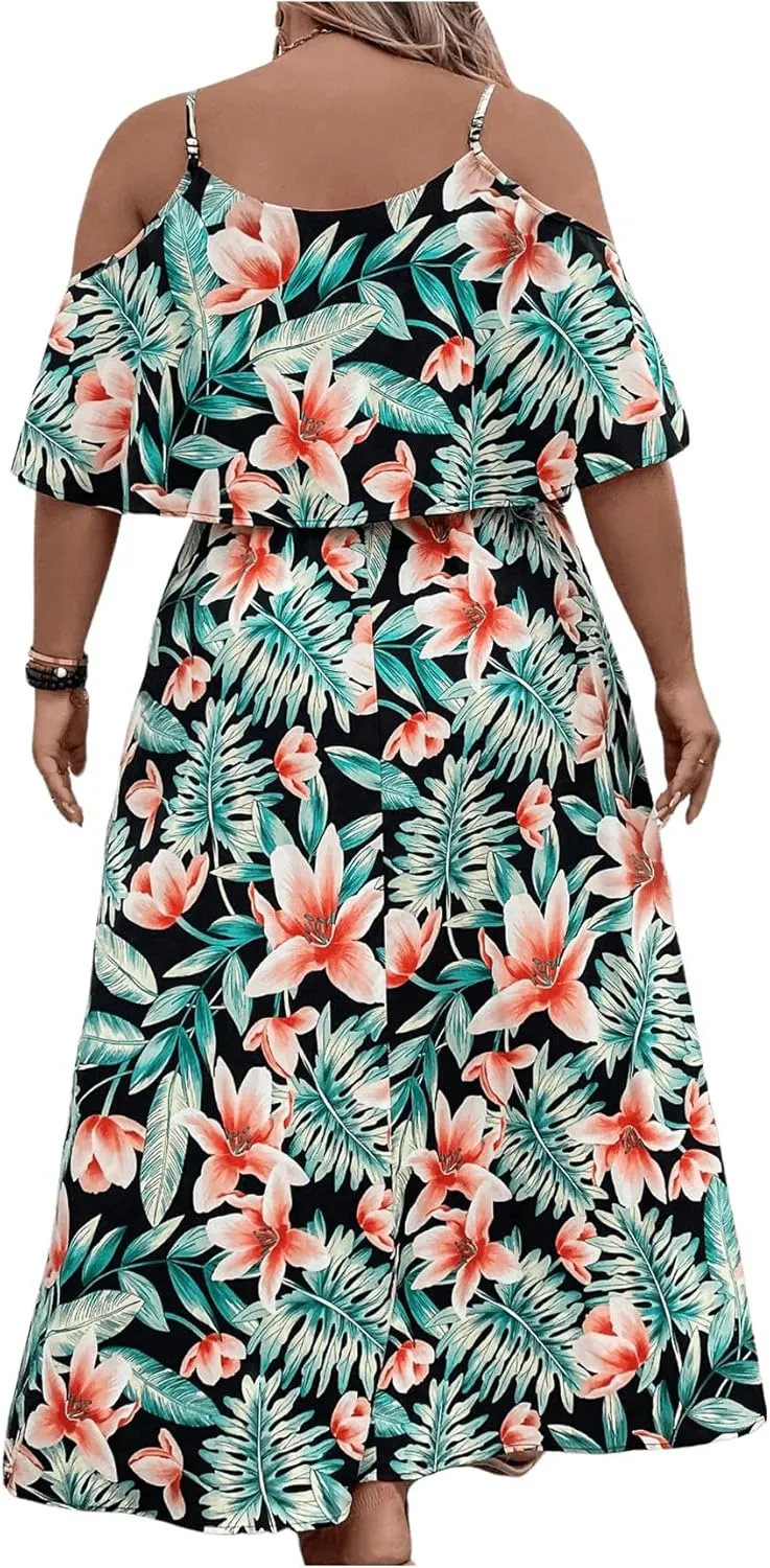 Floerns Women's Plus Size Tropical Print Cold Shoulder Boho A Line Long Dress