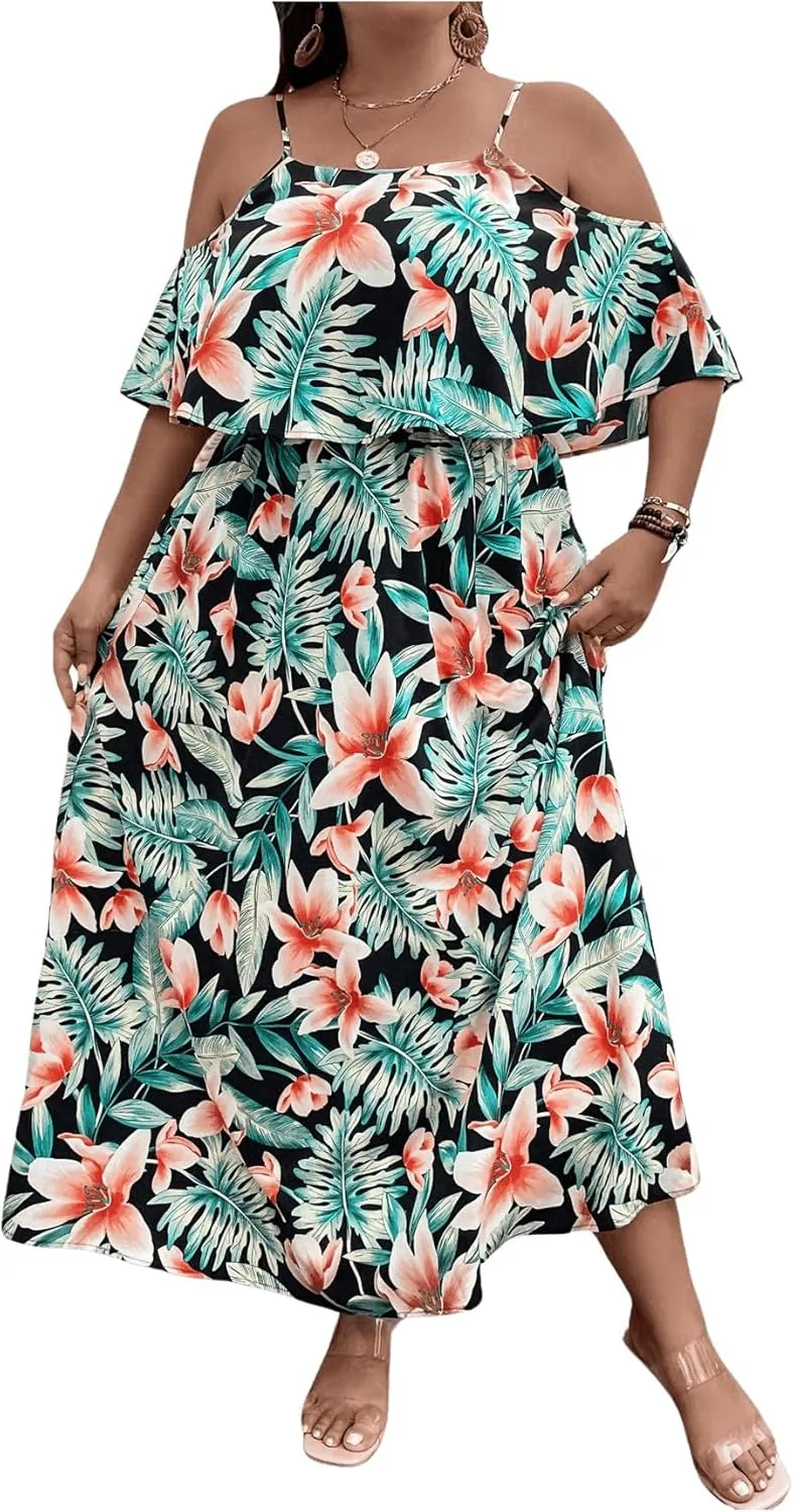 Floerns Women's Plus Size Tropical Print Cold Shoulder Boho A Line Long Dress