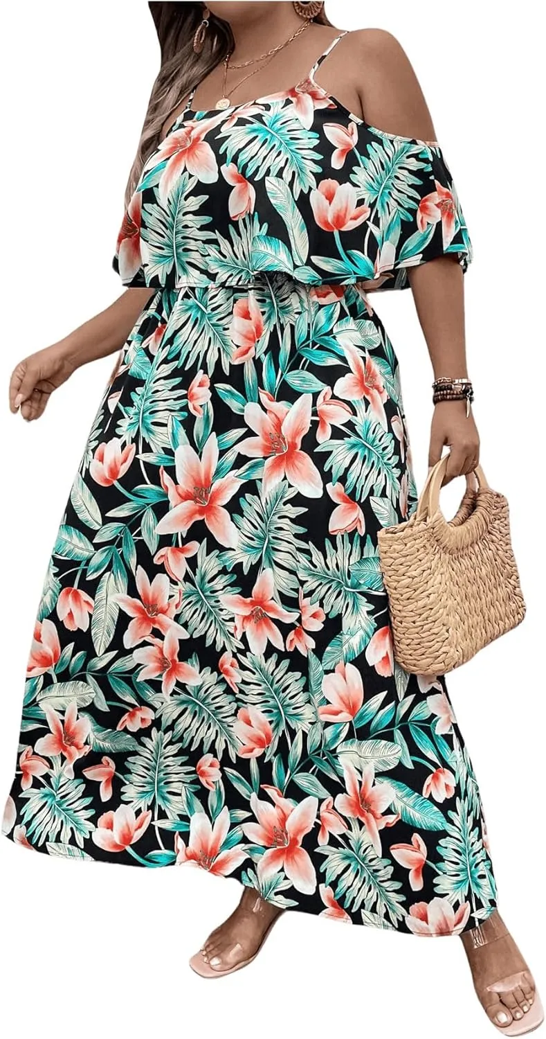Floerns Women's Plus Size Tropical Print Cold Shoulder Boho A Line Long Dress
