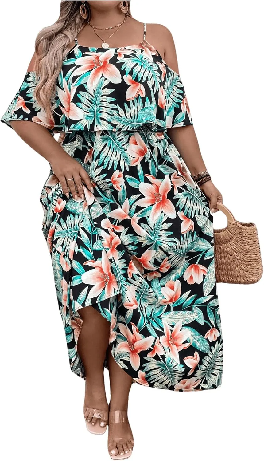 Floerns Women's Plus Size Tropical Print Cold Shoulder Boho A Line Long Dress