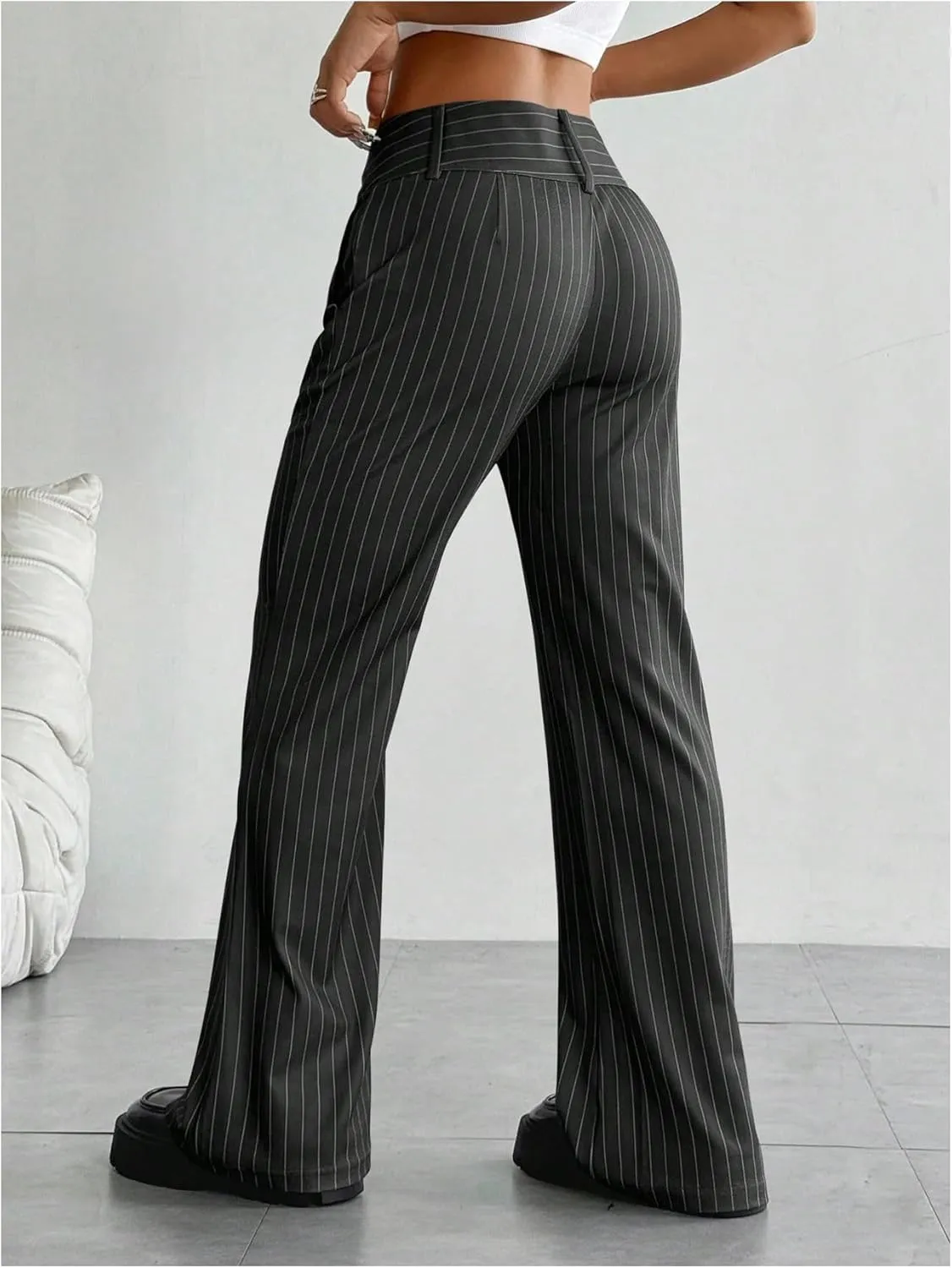 Floerns Women's Striped Print High Waisted Dress Pants Straight Leg Work Suit Pants