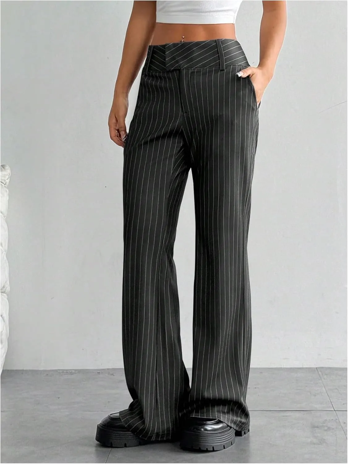 Floerns Women's Striped Print High Waisted Dress Pants Straight Leg Work Suit Pants