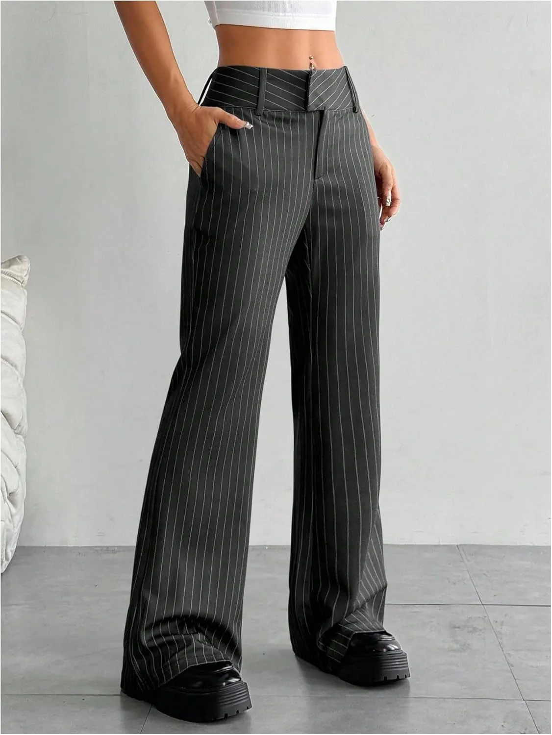 Floerns Women's Striped Print High Waisted Dress Pants Straight Leg Work Suit Pants