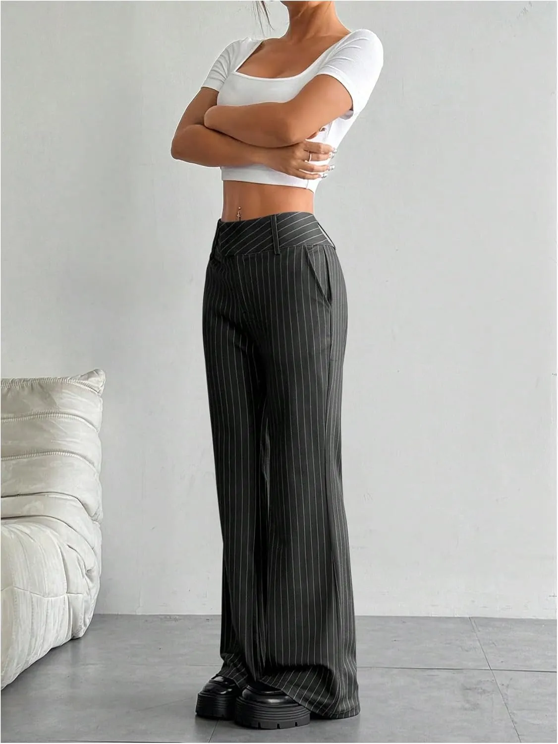 Floerns Women's Striped Print High Waisted Dress Pants Straight Leg Work Suit Pants