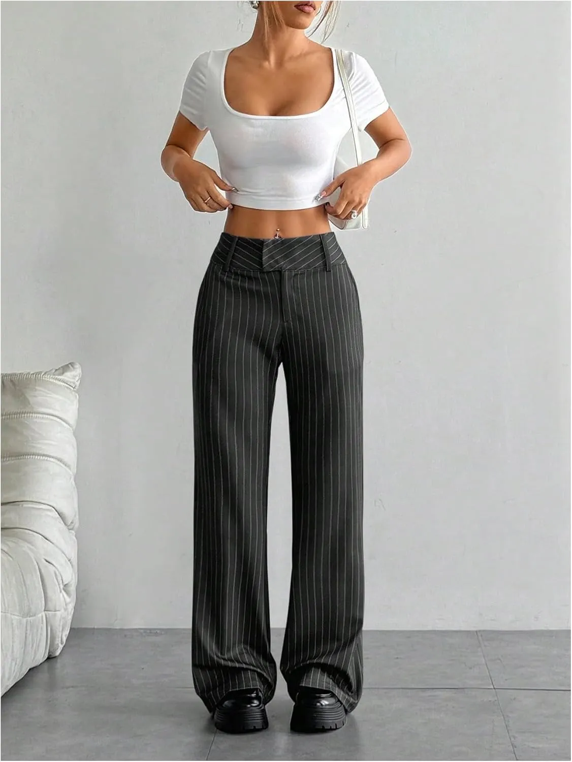 Floerns Women's Striped Print High Waisted Dress Pants Straight Leg Work Suit Pants