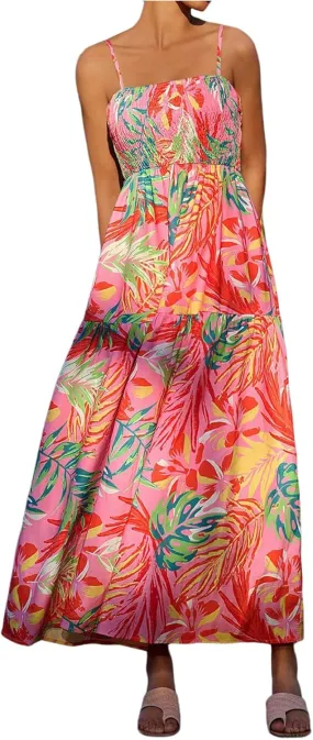 Floerns Women's Tropical Print Spaghetti Strap Cami Dress Flounce Hem Boho Long Dresses