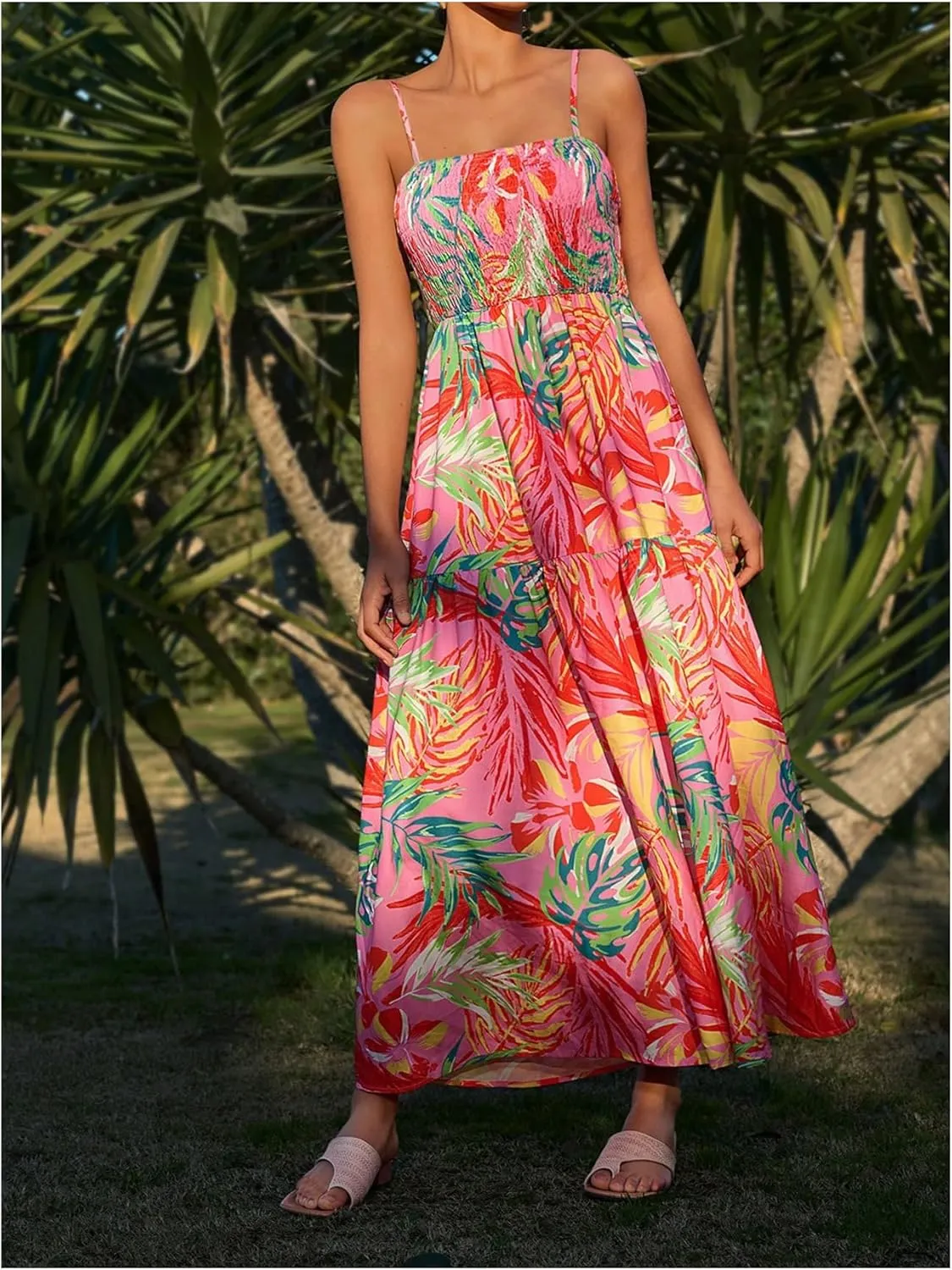 Floerns Women's Tropical Print Spaghetti Strap Cami Dress Flounce Hem Boho Long Dresses