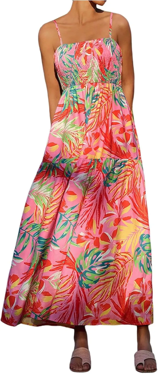 Floerns Women's Tropical Print Spaghetti Strap Cami Dress Flounce Hem Boho Long Dresses