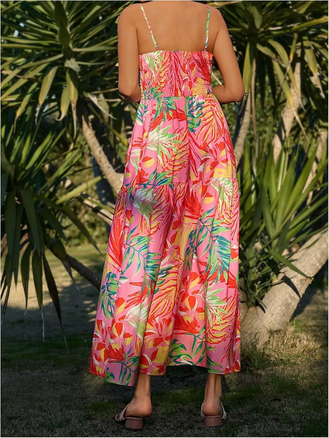 Floerns Women's Tropical Print Spaghetti Strap Cami Dress Flounce Hem Boho Long Dresses