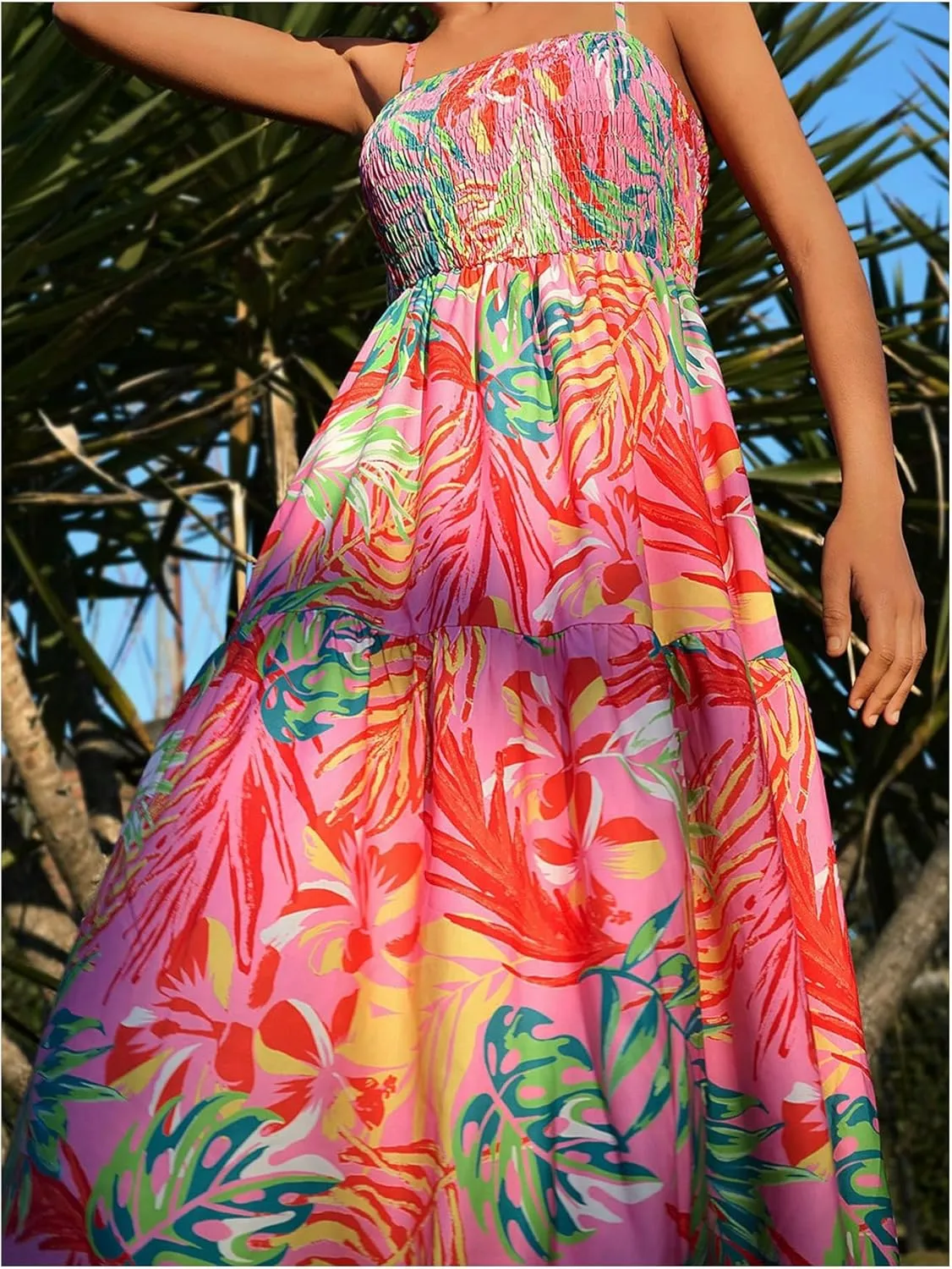 Floerns Women's Tropical Print Spaghetti Strap Cami Dress Flounce Hem Boho Long Dresses