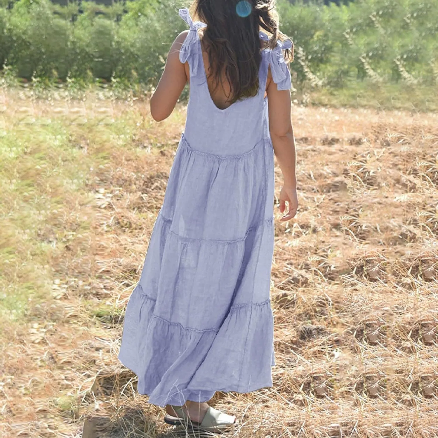 Flowy Linen Dress Women Beach Vacation Maxi Dresses Sundress Trendy Casual Sleeveless Tiered Dress Summer 2025