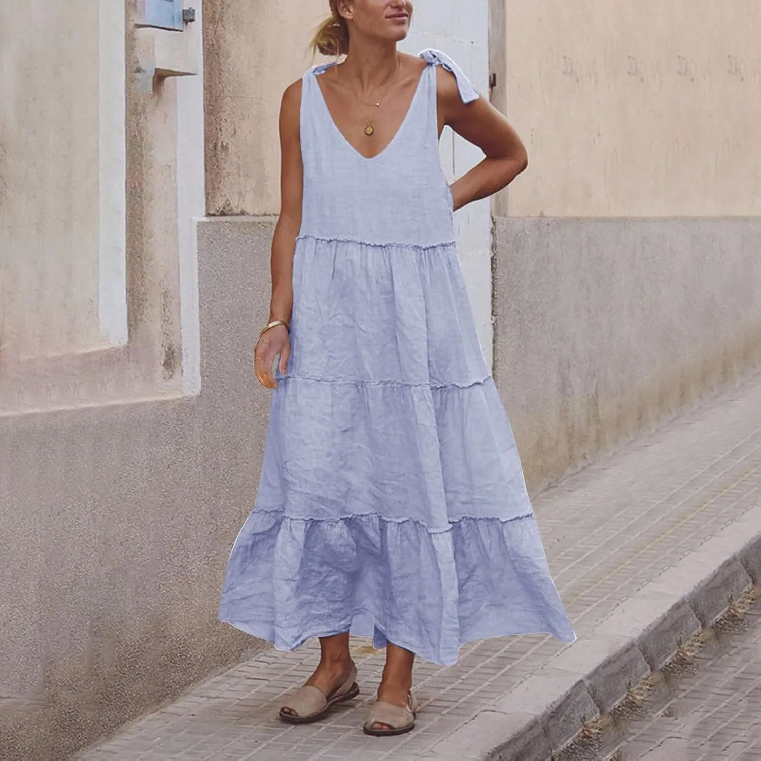 Flowy Linen Dress Women Beach Vacation Maxi Dresses Sundress Trendy Casual Sleeveless Tiered Dress Summer 2025