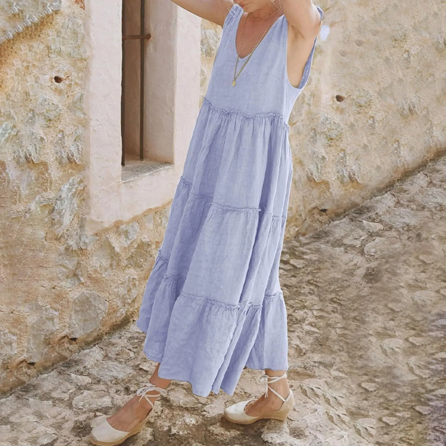 Flowy Linen Dress Women Beach Vacation Maxi Dresses Sundress Trendy Casual Sleeveless Tiered Dress Summer 2025