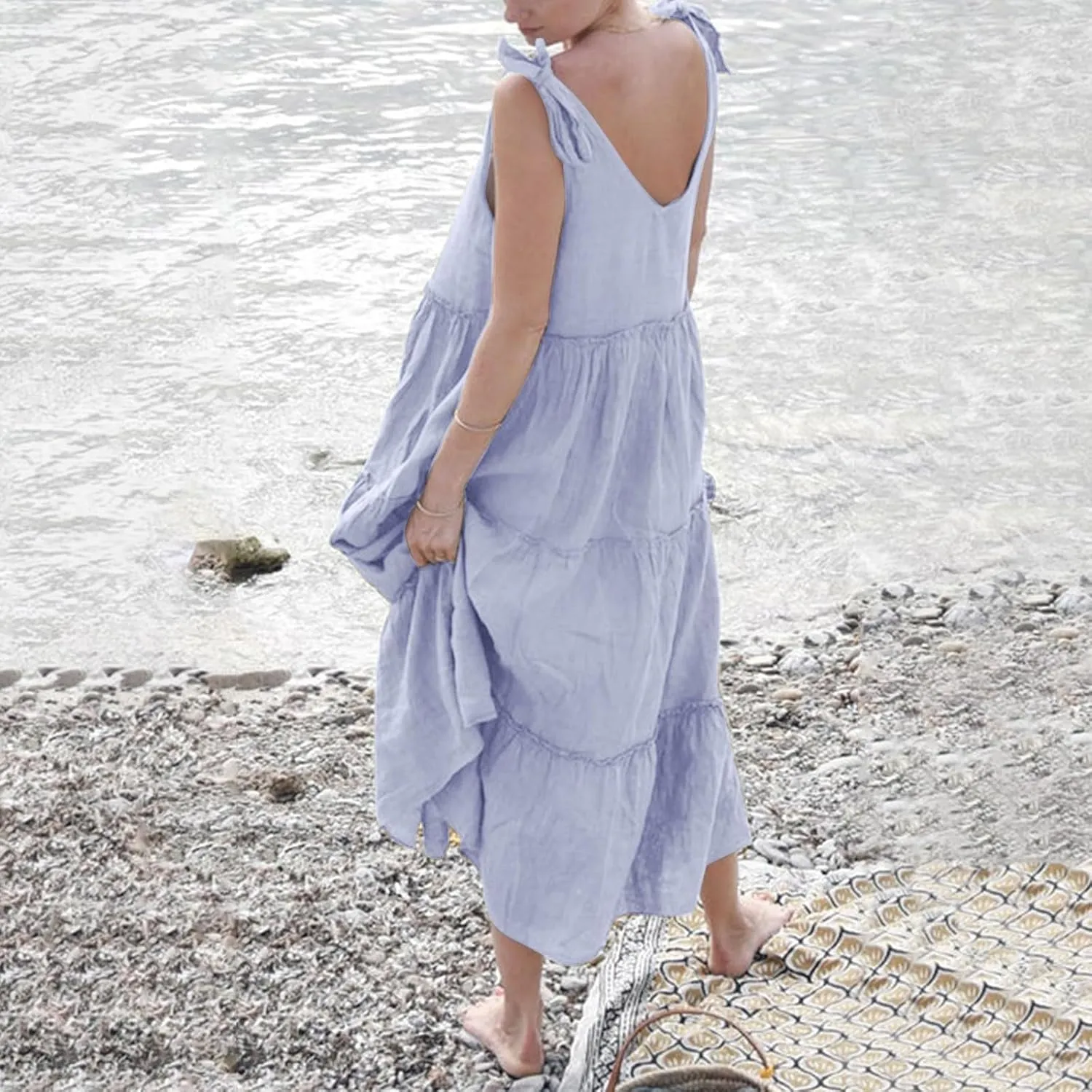 Flowy Linen Dress Women Beach Vacation Maxi Dresses Sundress Trendy Casual Sleeveless Tiered Dress Summer 2025