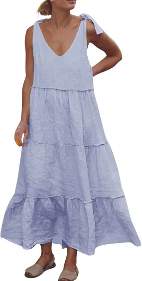Flowy Linen Dress Women Beach Vacation Maxi Dresses Sundress Trendy Casual Sleeveless Tiered Dress Summer 2025