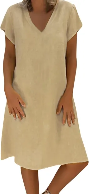 Fronage Women's Cotton Linen Midi Dress V Neck Short Sleeve Causal Loose Tshirt Dresses Summer
