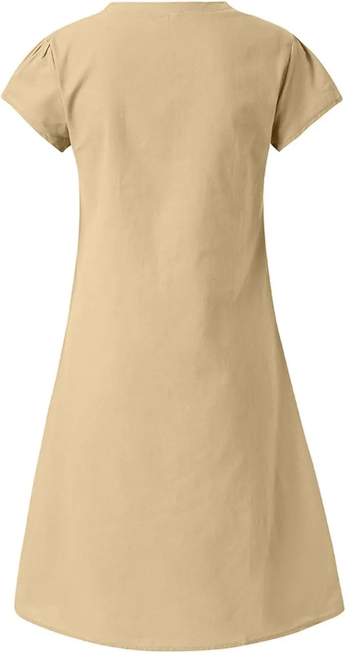 Fronage Women's Cotton Linen Midi Dress V Neck Short Sleeve Causal Loose Tshirt Dresses Summer