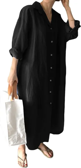 GGUHHU Womens Chic Button Down Rolled-Up Sleeve Long Cotton Blouse Maxi Dress (Small, Black)