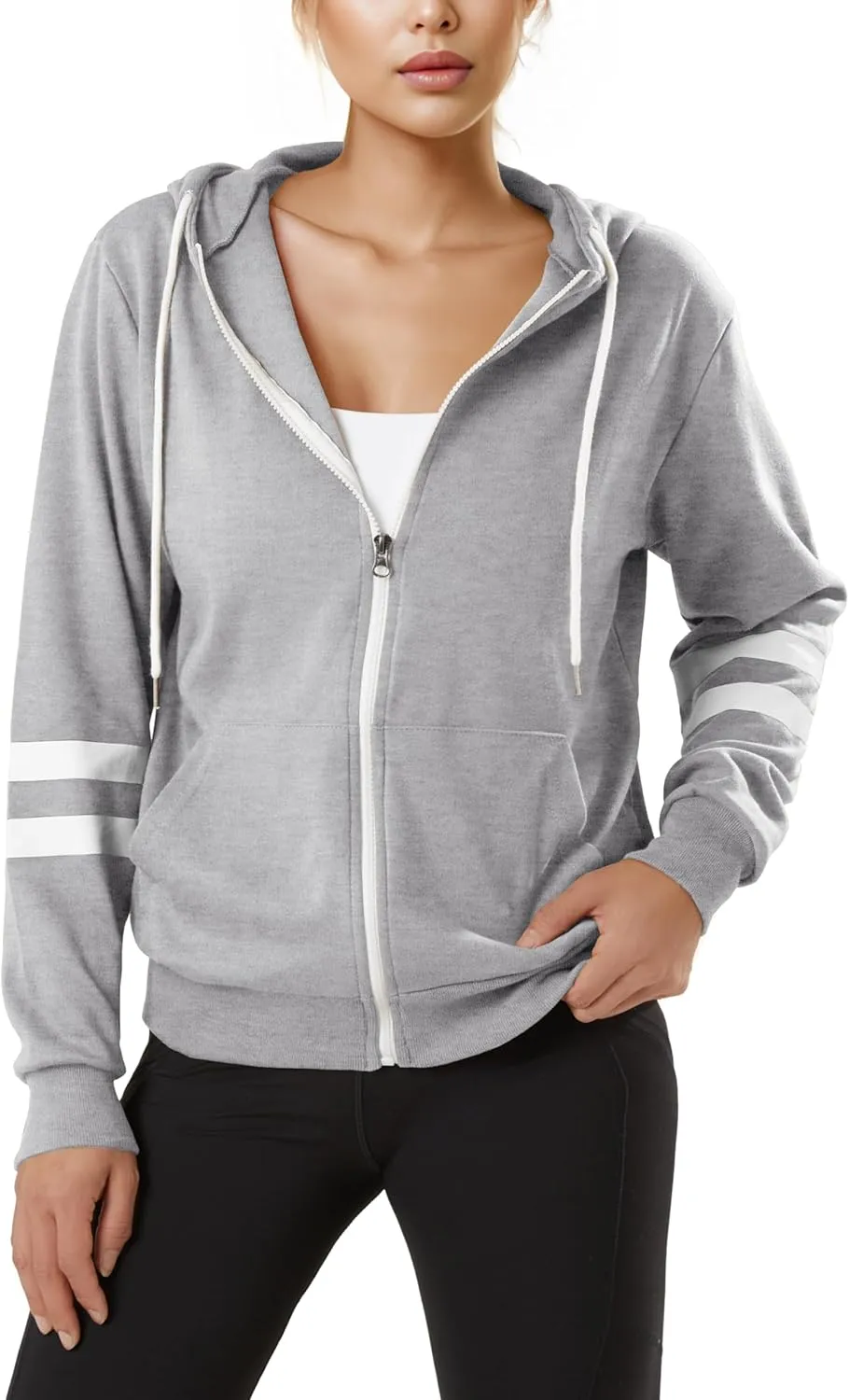 GIVON Womens Comfortable Long Sleeve Striped Hoodie Jacket Lightweight Hooded Sweatshirt with Kanga Pocket