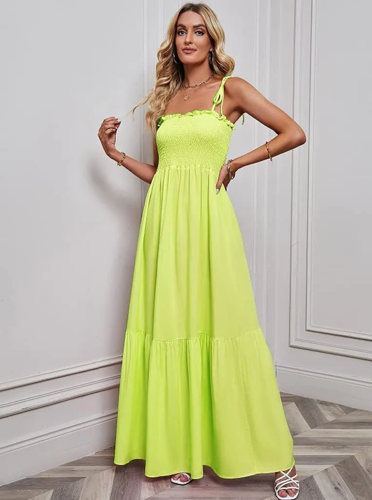 GOLDSTITCH Women's 2025 Summer Bohemian Spaghetti Strap Smocked A Line Flowy Maxi Dress