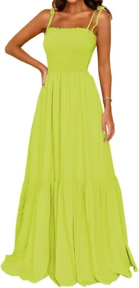GOLDSTITCH Women's 2025 Summer Bohemian Spaghetti Strap Smocked A Line Flowy Maxi Dress