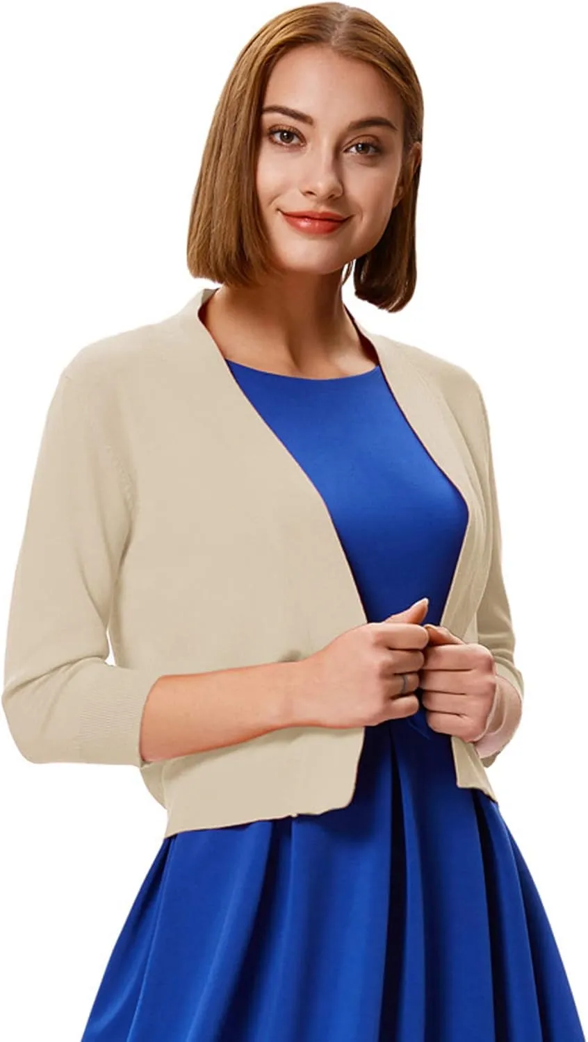 GRACE KARIN Women's 3/4 Sleeve Cardigan Knit Sweaters Cropped Open Front Shrug Bolero??
