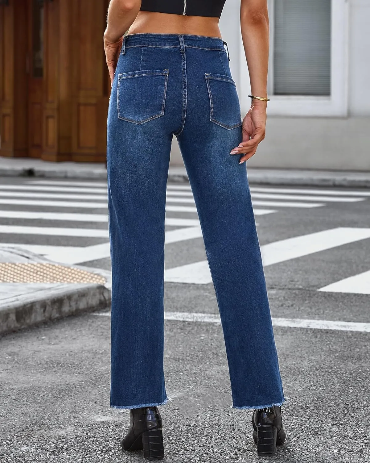 GRAPENT Straight Leg Jeans for Women High Waisted Stretchy Frayed Raw Hem Loose Denim Pants Casual Baggy Jean Trousers