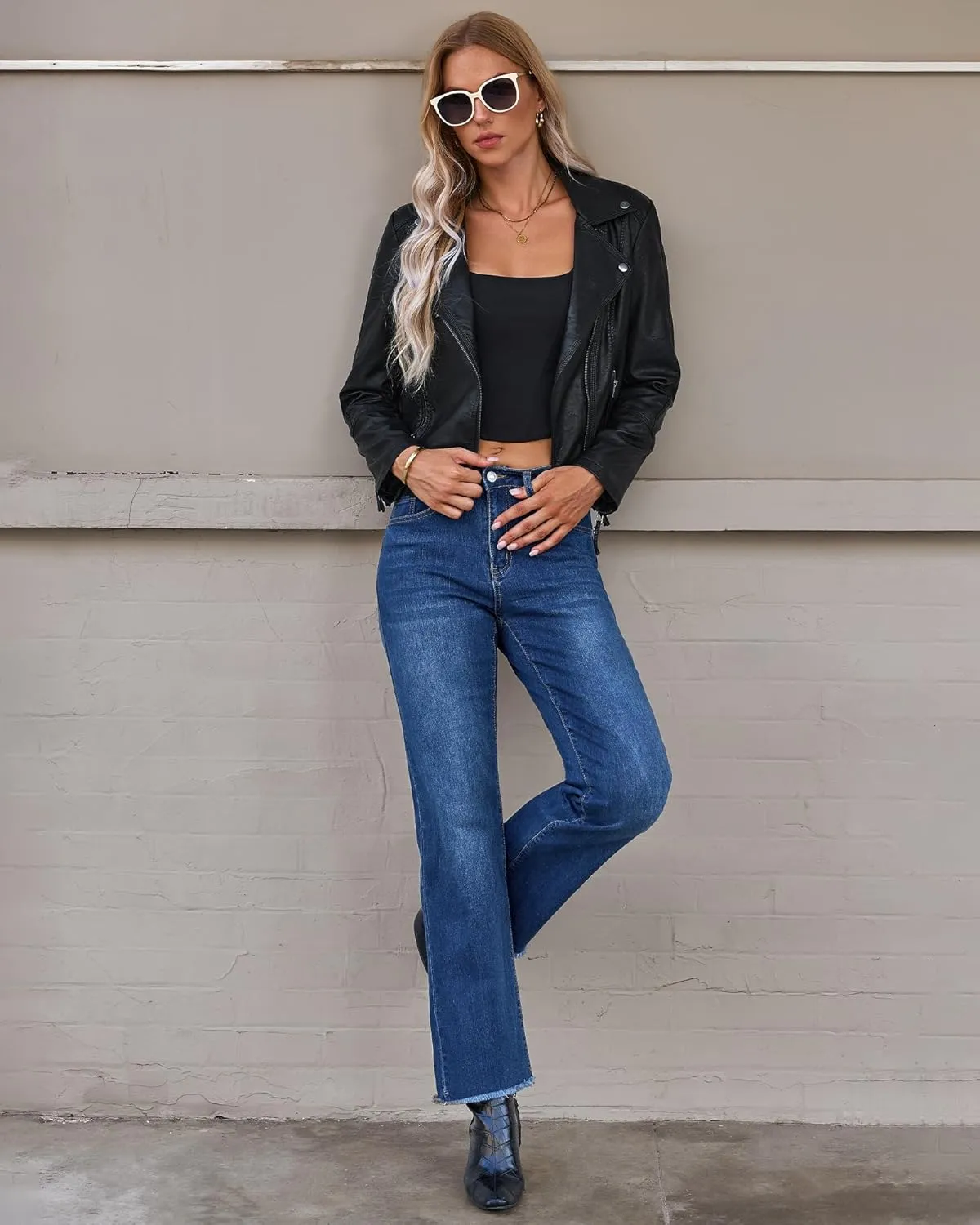 GRAPENT Straight Leg Jeans for Women High Waisted Stretchy Frayed Raw Hem Loose Denim Pants Casual Baggy Jean Trousers