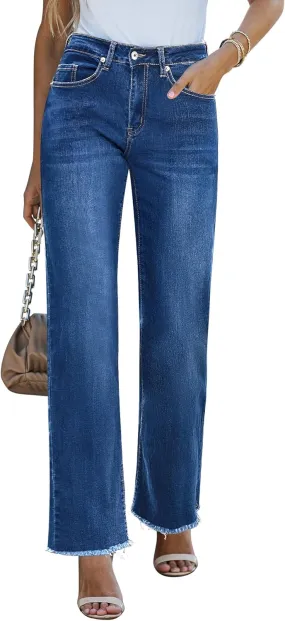 GRAPENT Straight Leg Jeans for Women High Waisted Stretchy Frayed Raw Hem Loose Denim Pants Casual Baggy Jean Trousers