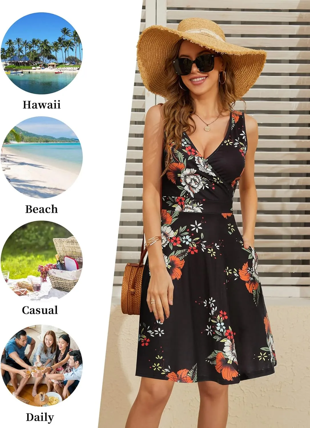 GUBERRY Womens Wrap V Neck Sleeveless Sundress Summer Flare Tank Dress with Pockets ??