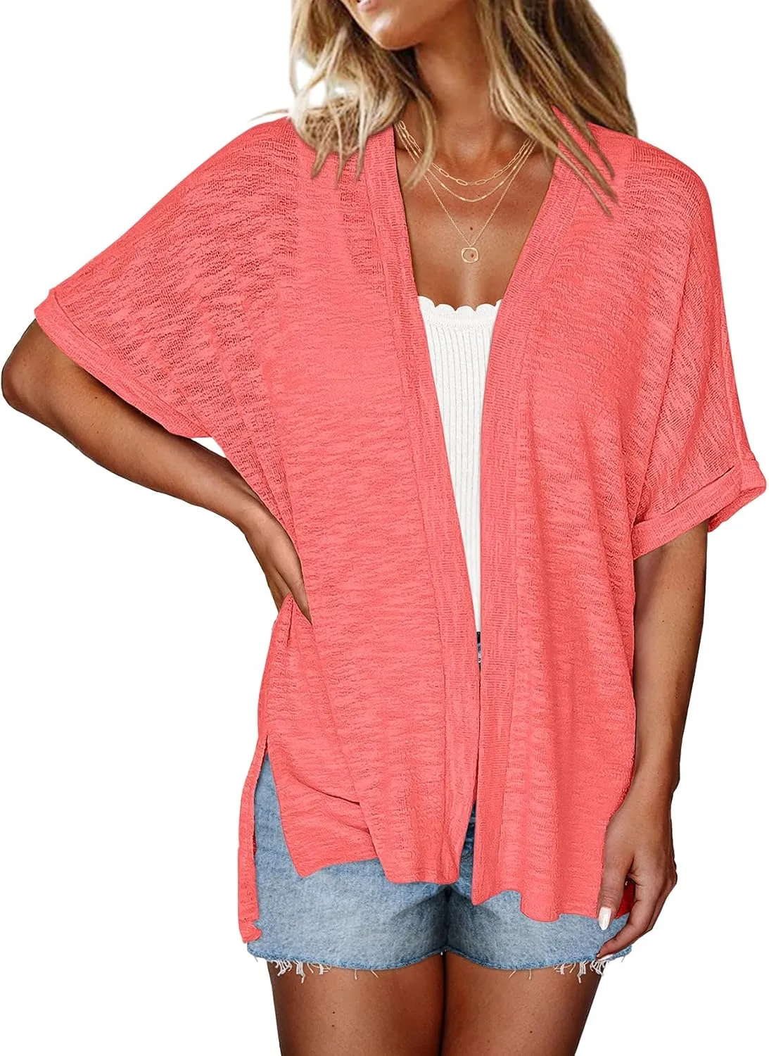 Halife Womens Summer Lightweight Cardigan Short Sleeve Open Front Casual Loose Cover Ups