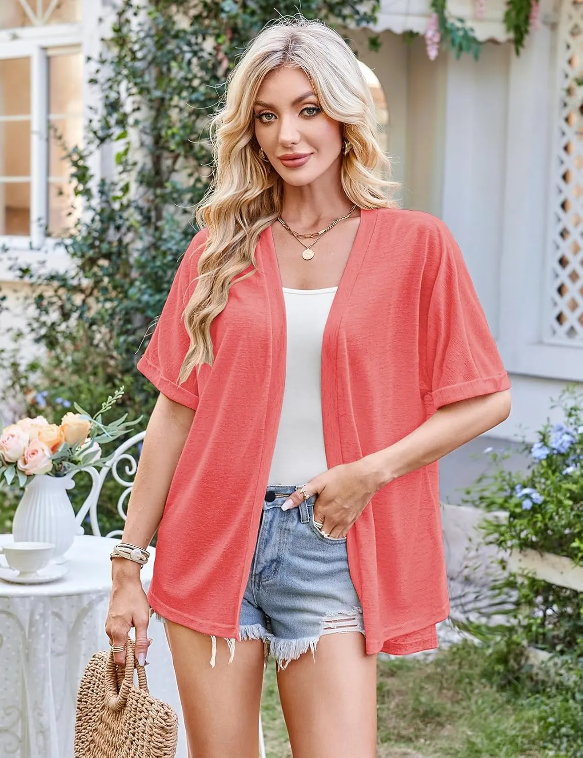 Halife Womens Summer Lightweight Cardigan Short Sleeve Open Front Casual Loose Cover Ups