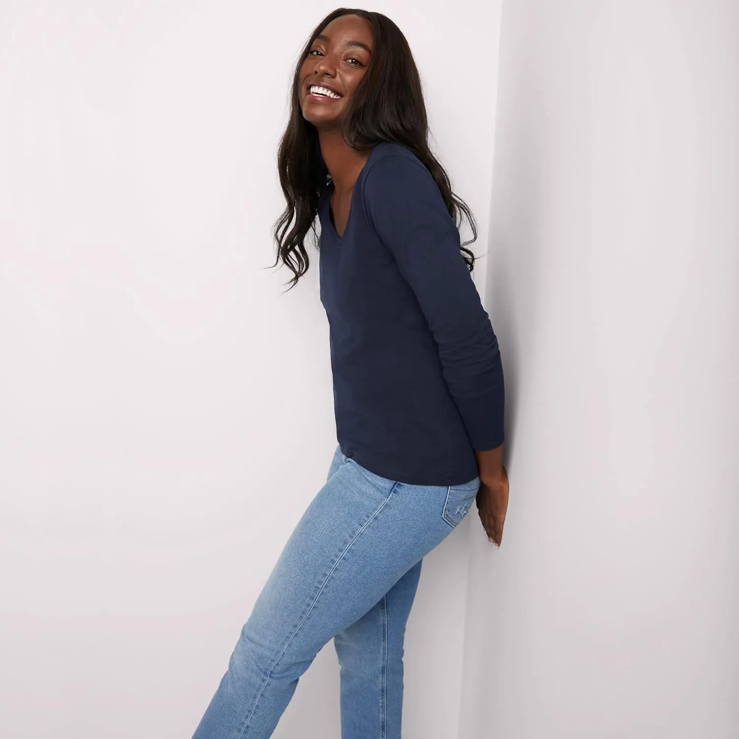 Hanes Womens Originals Long Sleeve Cotton V-Neck T-Shirt, Lightweight V-Neck Tee, Modern Fit