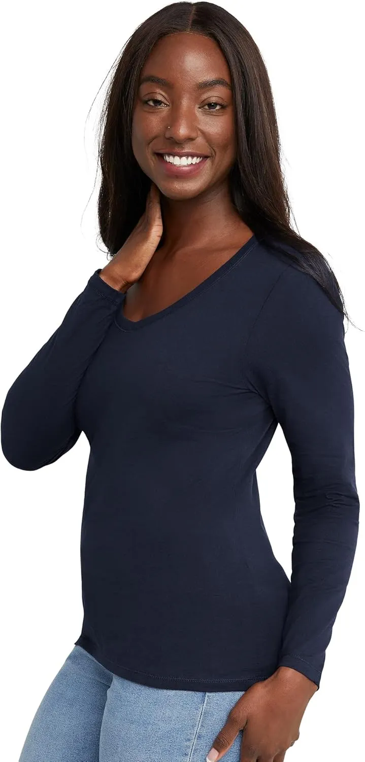 Hanes Womens Originals Long Sleeve Cotton V-Neck T-Shirt, Lightweight V-Neck Tee, Modern Fit