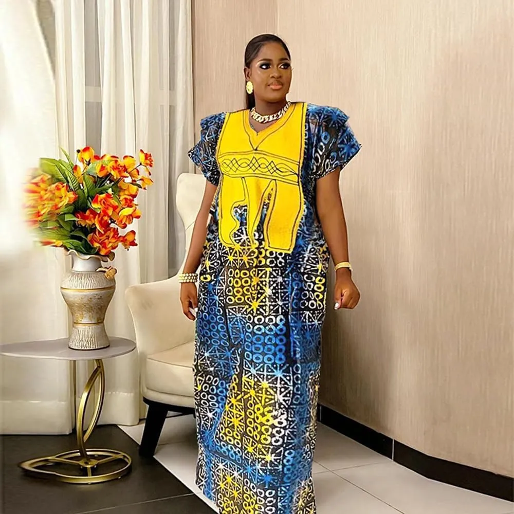 HD African Print Dress for Woman Embroidery Pattern Maxi Dress